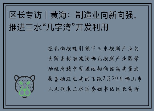区长专访｜黄海：制造业向新向强，推进三水“几字湾”开发利用