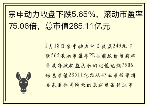 宗申动力收盘下跌5.65%，滚动市盈率75.06倍，总市值285.11亿元