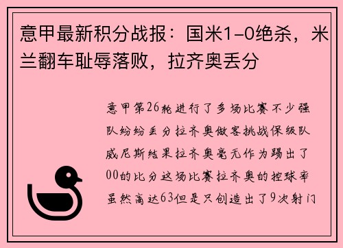 意甲最新积分战报：国米1-0绝杀，米兰翻车耻辱落败，拉齐奥丢分