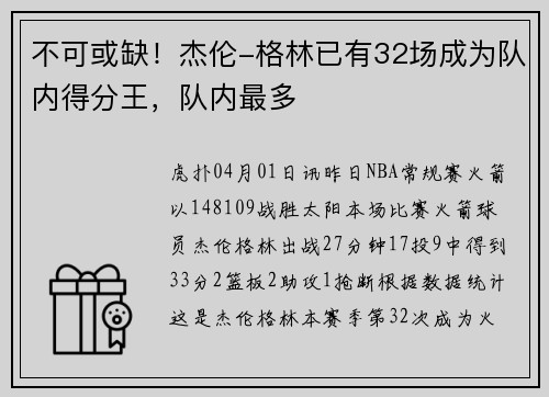 不可或缺！杰伦-格林已有32场成为队内得分王，队内最多