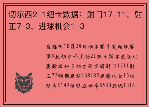 切尔西2-1纽卡数据：射门17-11，射正7-3，进球机会1-3